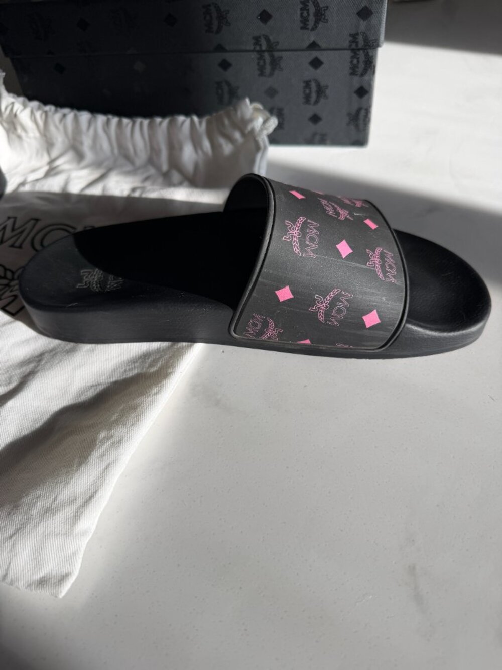 MCM Black Pink Monogram Print Rubber Slides Sandals Great Used Condition w/ Box - Picture 9 of 12